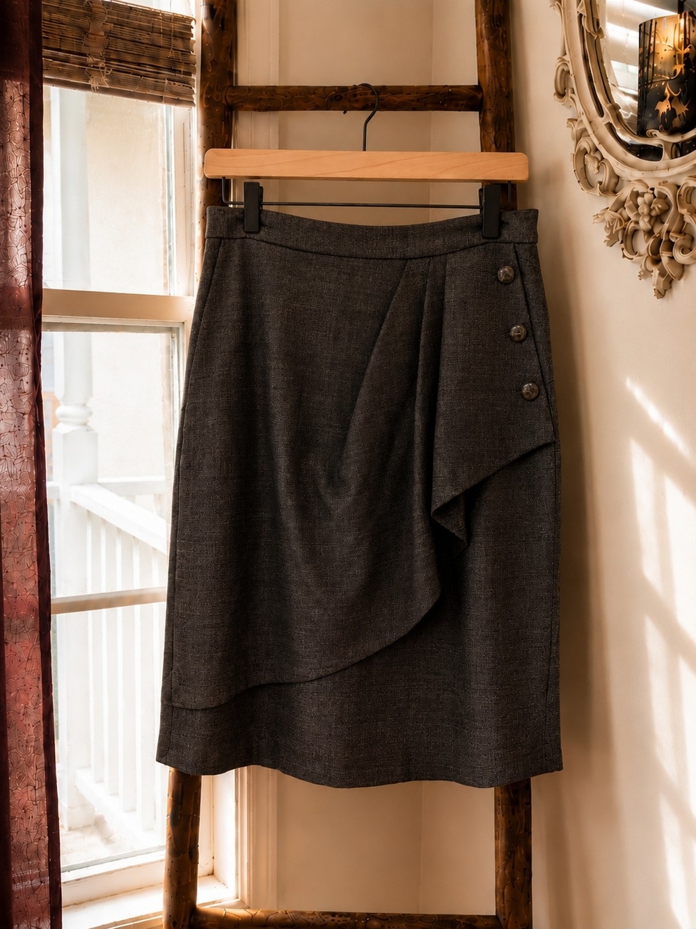Anne Klein Brown Wool Blend Asymmetrical Wrap Skirt